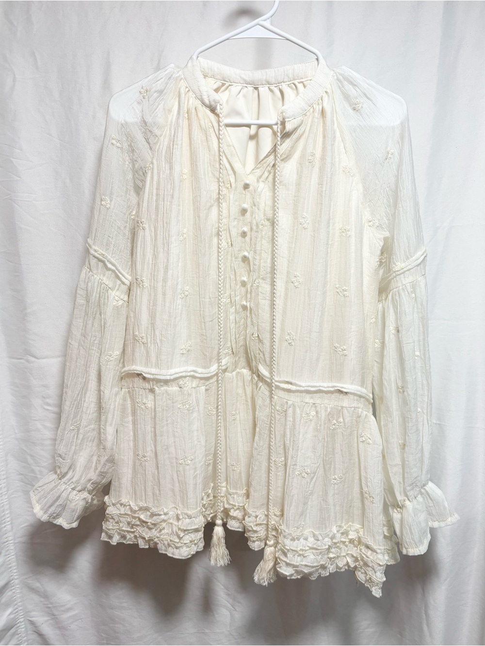 Cream Boho Embroidered Peasant Tunic with Tassel Ties
